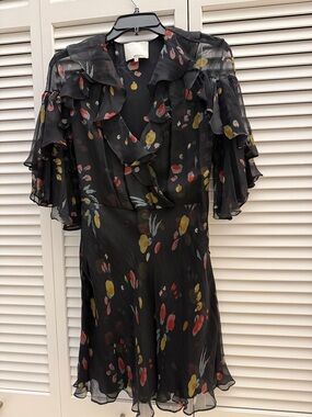 Sheer Black Floral Ruffle Midi Dress with V-Neck